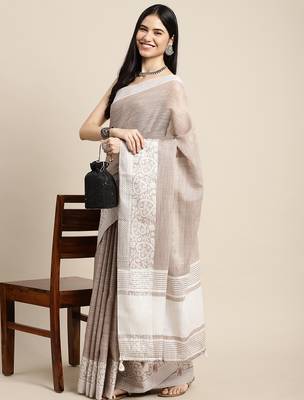 women beige & silver-toned woven design linen blend saree 4