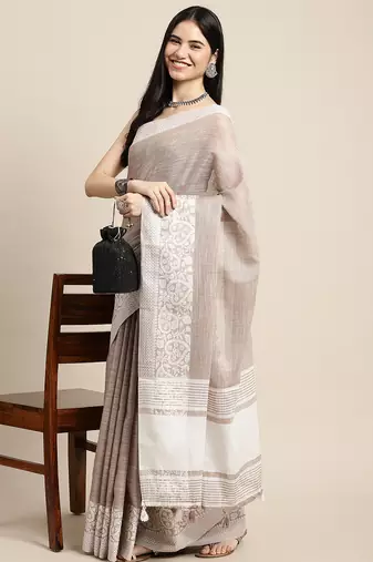women beige & silver-toned woven design linen blend saree