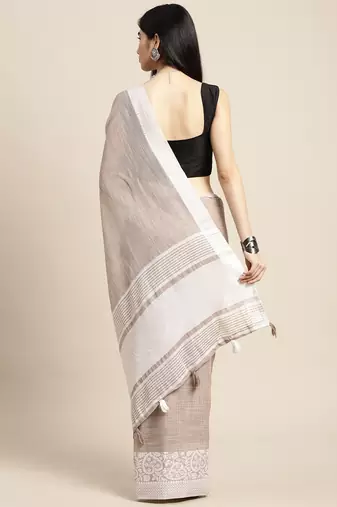 women beige & silver-toned woven design linen blend saree