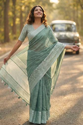 Sutriti women teal green & silver-toned woven design linen blend saree