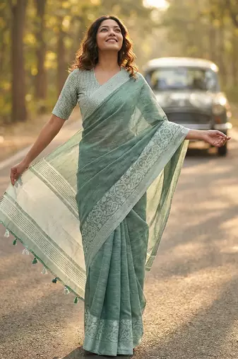 Sutriti women teal green & silver-toned woven design linen blend saree