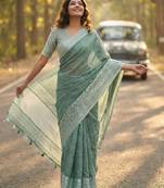 Sutriti women teal green & silver-toned woven design linen blend saree