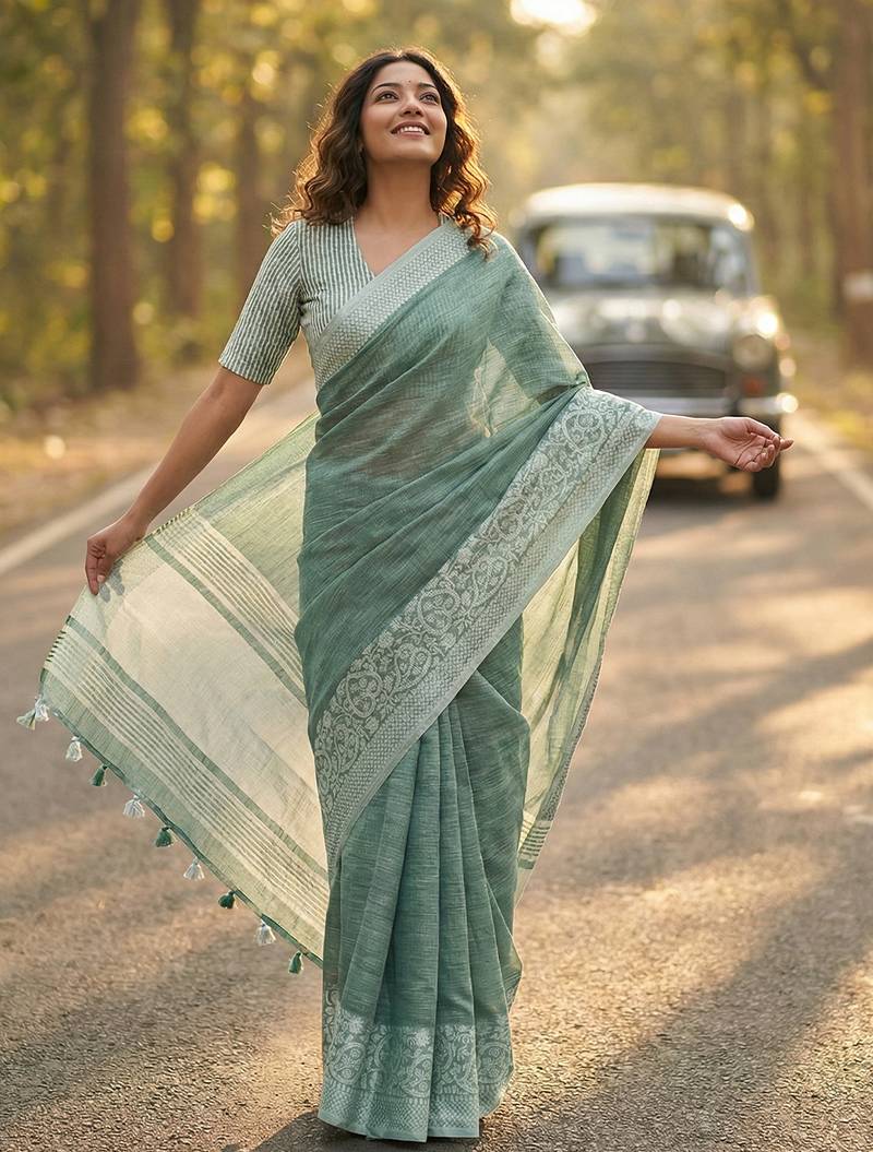Sutriti women teal green & silver-toned woven design linen blend saree