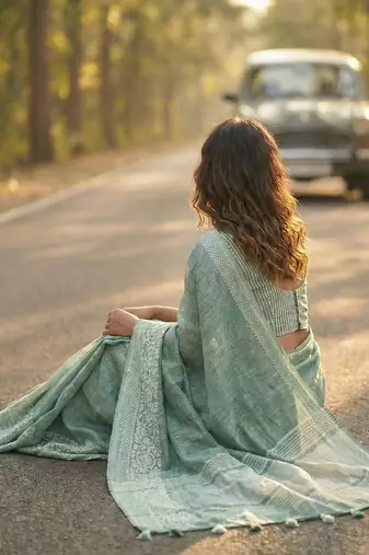 women teal green & silver-toned woven design linen blend saree