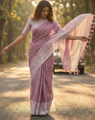 women mauve purple & silver-toned woven design linen blend saree 1