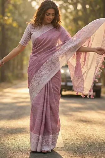 Sutriti women mauve purple & silver-toned woven design linen blend saree
