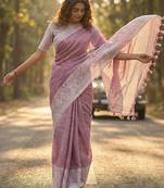 Sutriti women mauve purple & silver-toned woven design linen blend saree