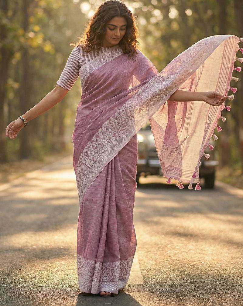 Sutriti women mauve purple & silver-toned woven design linen blend saree