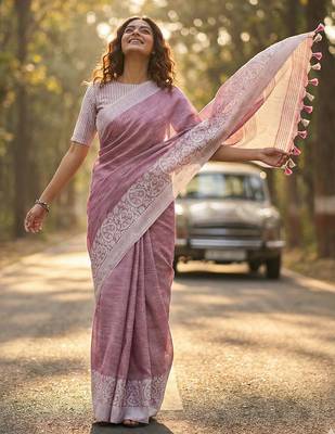 women mauve purple & silver-toned woven design linen blend saree 2