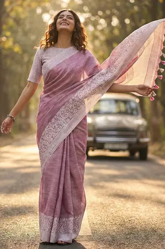 women mauve purple & silver-toned woven design linen blend saree