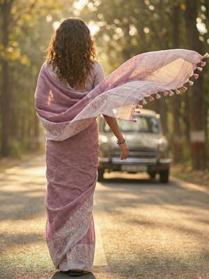 women mauve purple & silver-toned woven design linen blend saree 3