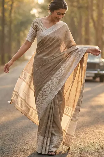 Sutriti women beige & silver-toned woven design linen blend saree