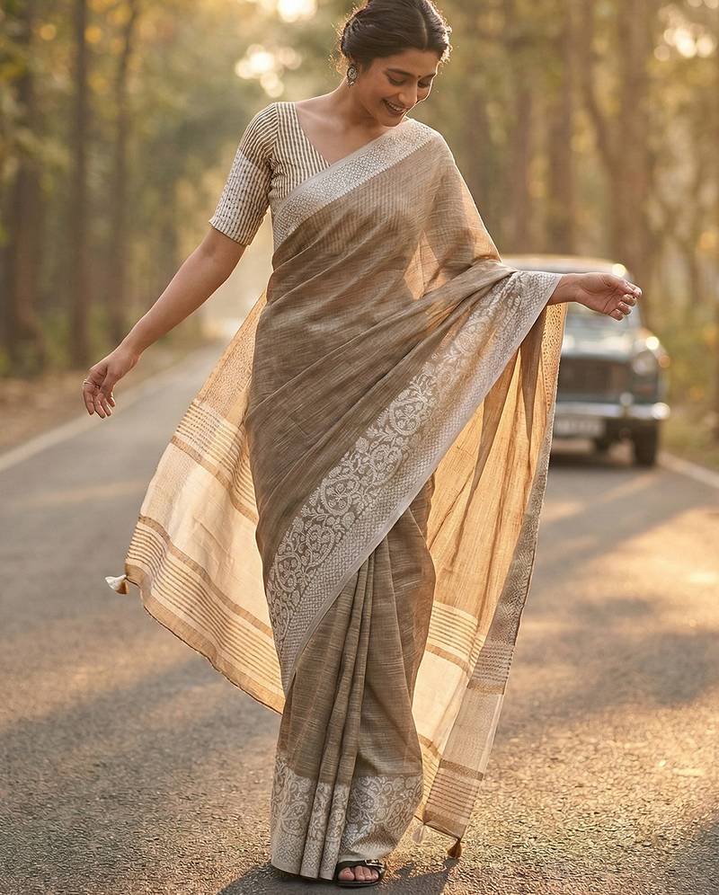 Sutriti women beige & silver-toned woven design linen blend saree