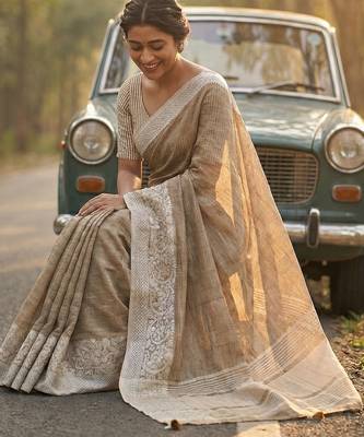 women beige & silver-toned woven design linen blend saree 2