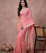 Sutriti coral pink pure linen saree: a masterclass in effortless elegance