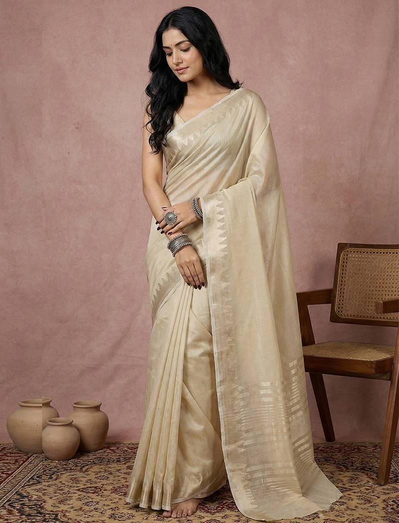 Sutriti classic cream pure linen saree: the pinnacle of minimalist luxury