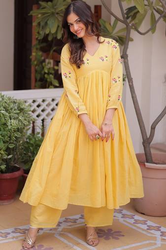 Yellow Thread Work Cotton Haldi Wear Pant Suit