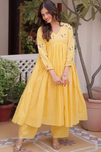 Yellow Thread Work Cotton Haldi Wear Pant Suit