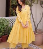 Yellow Thread Work Cotton Haldi Wear Pant Suit