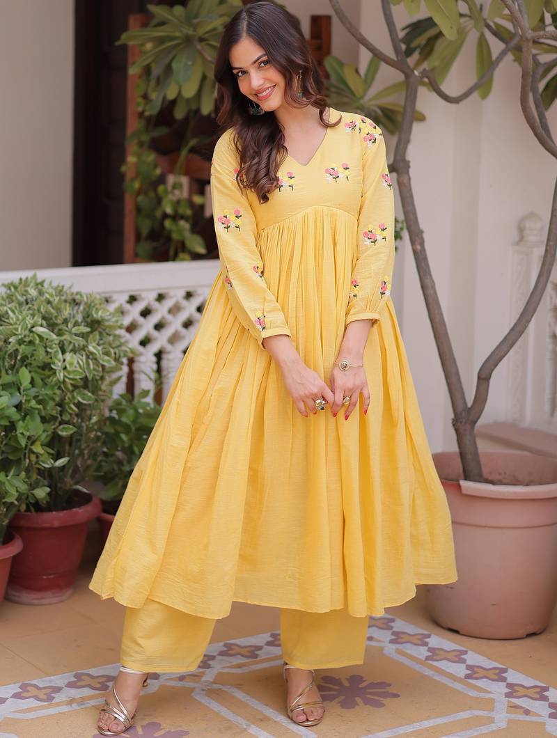 Yellow Thread Work Cotton Haldi Wear Pant Suit