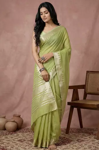 Sutriti pastel green pure linen saree: refreshing luxury & effortless fall