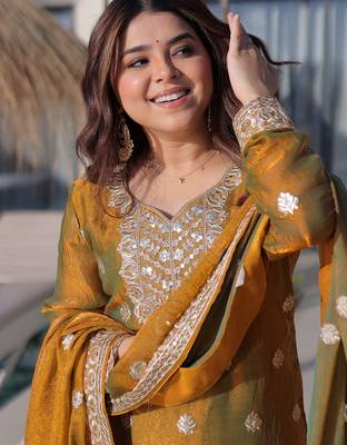 Lovely Mustard Yellow Zari Work Chiffon Wedding Wear Sharara Suit 7