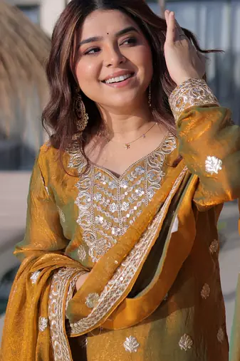Lovely Mustard Yellow Zari Work Chiffon Wedding Wear Sharara Suit