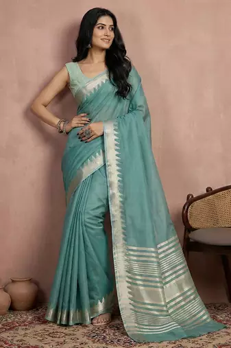 Sutriti sea teal blue pure linen saree: majestic presence & organic beauty
