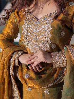 Lovely Mustard Yellow Zari Work Chiffon Wedding Wear Sharara Suit 8