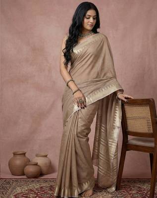 earthy beige pure linen saree: grounded sophistication & drape 2