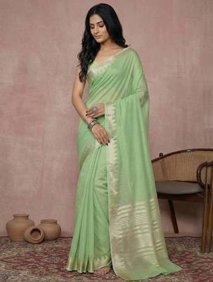 women's parrot green pure linen saree with zari border & blouse piece  1