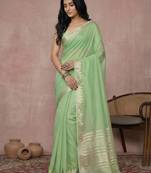 Sutriti women's parrot green pure linen saree with zari border & blouse piece | breathable fabric | casual & office wear
