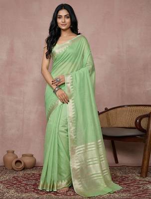 women's parrot green pure linen saree with zari border & blouse piece  2