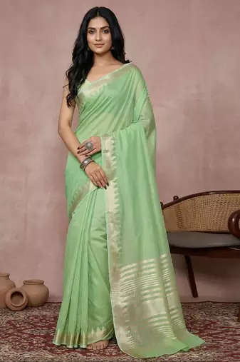 women's parrot green pure linen saree with zari border & blouse piece 