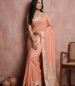 Sutriti women's peach pure linen saree with zari border & blouse piece | soft & lightweight | elegant daily wear saree