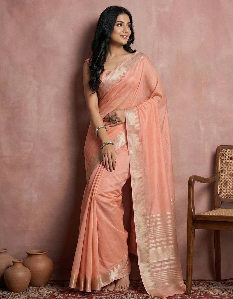 Sutriti women's peach pure linen saree with zari border & blouse piece | soft & lightweight | elegant daily wear saree