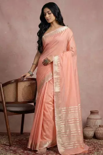 women's peach pure linen saree with zari border & blouse piece 