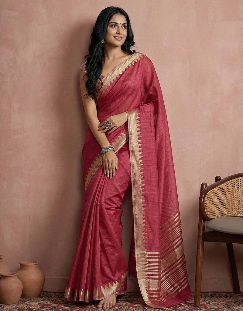 Sutriti women's red pure linen saree with gold zari border & blouse piece | elegant, lightweight | festive & daily wear