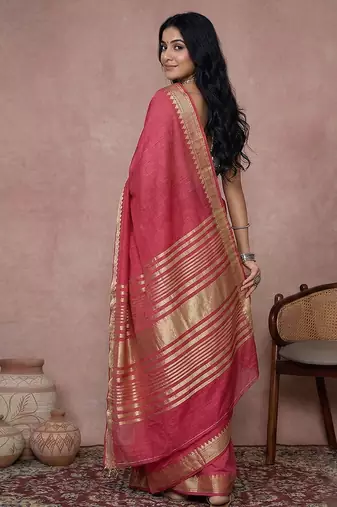 women's red pure linen saree with gold zari border & blouse piece 