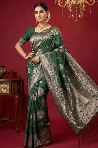 Sutriti emerald green soft silk saree with heavy silver zari weaving