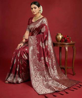 classic maroon fetive wear soft silk blend saree with heavy zari 3