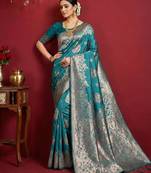 Sutriti peacock green soft silk saree with intricate silver weaving