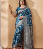 Sutriti steel blue soft silk saree with silver zari floral motifs