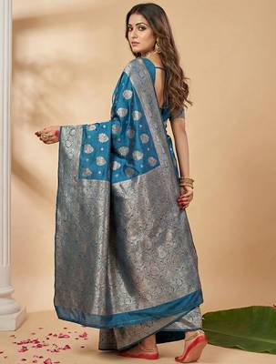 steel blue soft silk blend saree with silver zari floral motifs 3