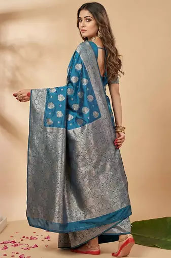steel blue soft silk blend saree with silver zari floral motifs