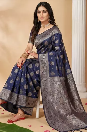 deep navy blue soft silk blend saree with silver zari pallu