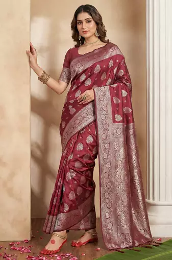 Sutriti deep burgundy maroon soft silk saree for wedding wear