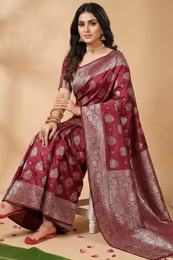 deep burgundy maroon soft silk blend saree for wedding wear