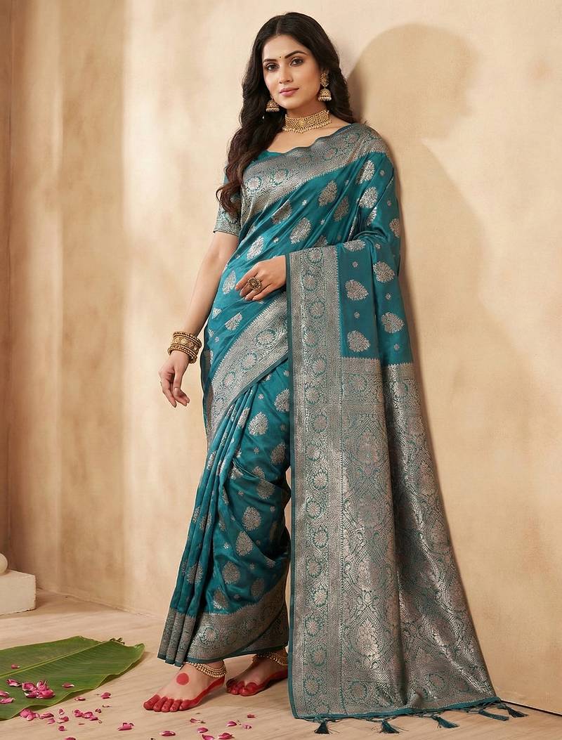 Sutriti peacock teal green soft silk saree with zari weaving