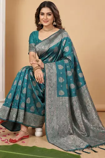 peacock teal green soft silk blend saree with zari weaving